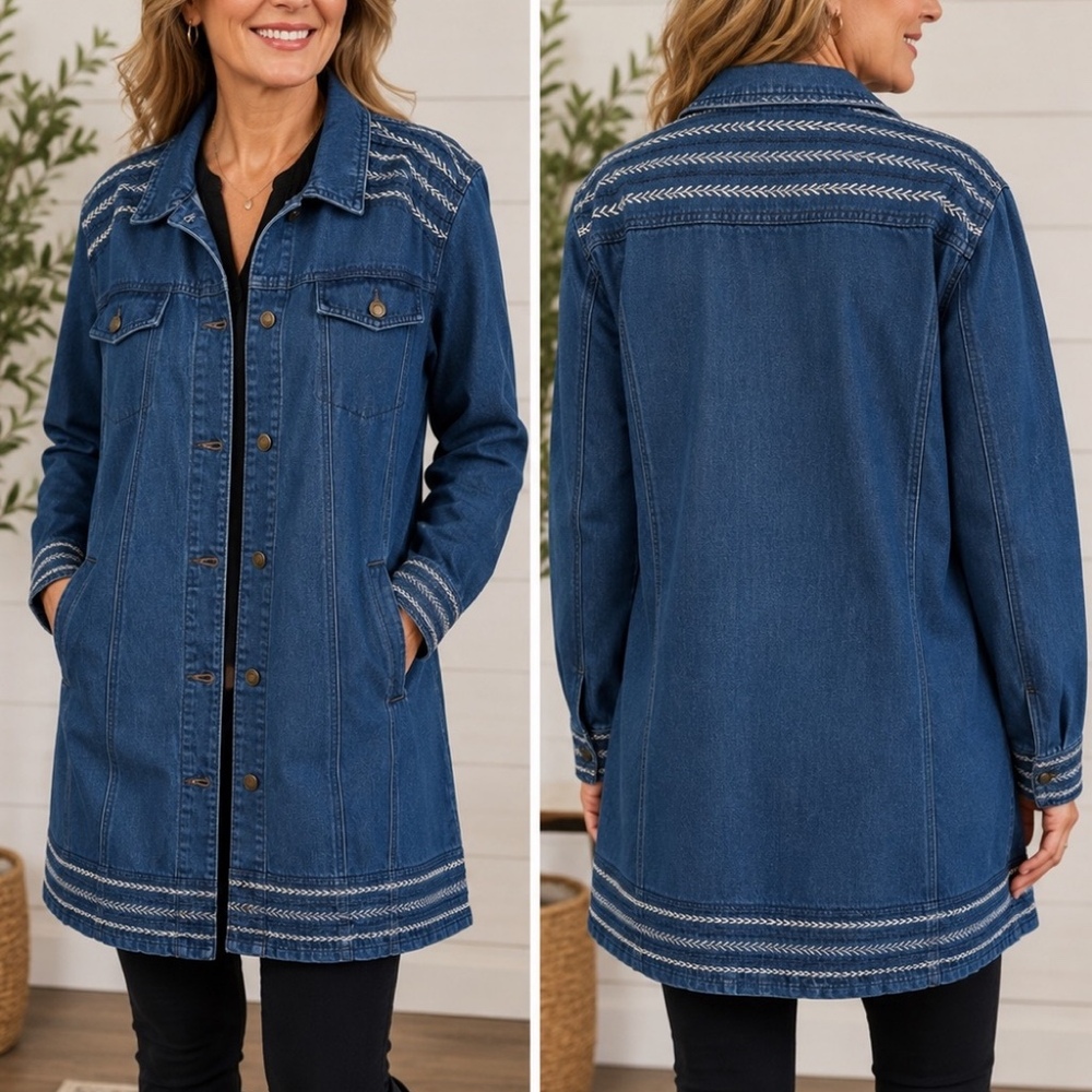 Jessica London Denim Embroidered Long Jacket - Blue